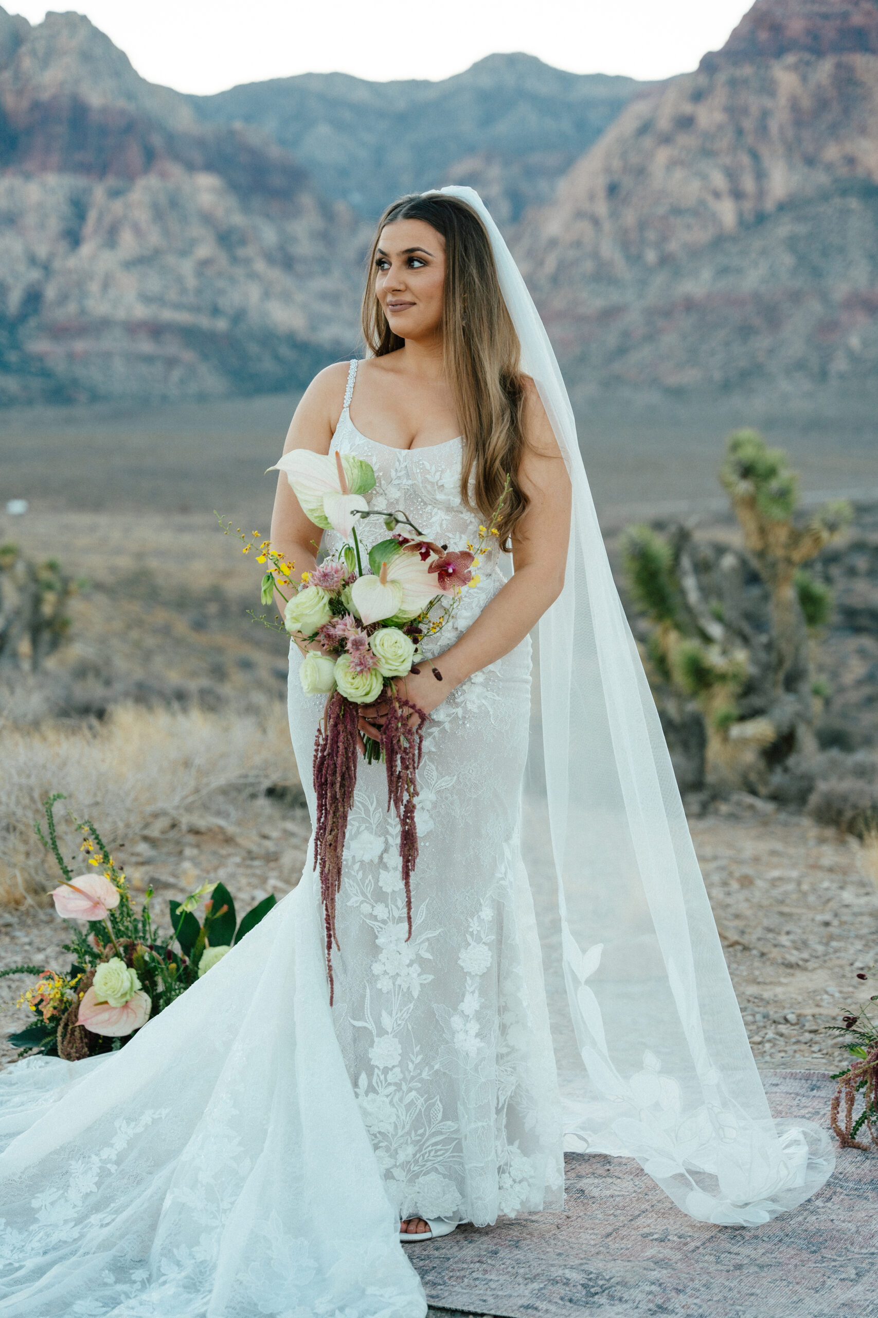 Bride in lace wedding dress holding a tropical floral bouquet, standing in Red Rock Canyon with mountains in the background