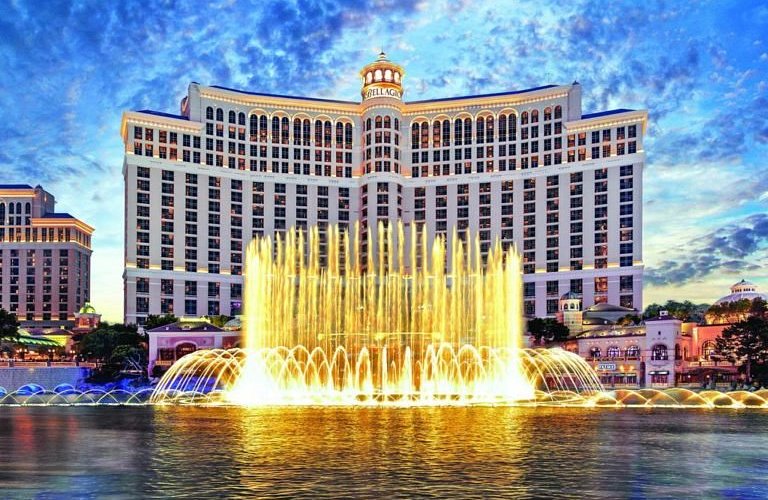 Fountains in the evening light at the Bellagio resort in Las Vegas, NV