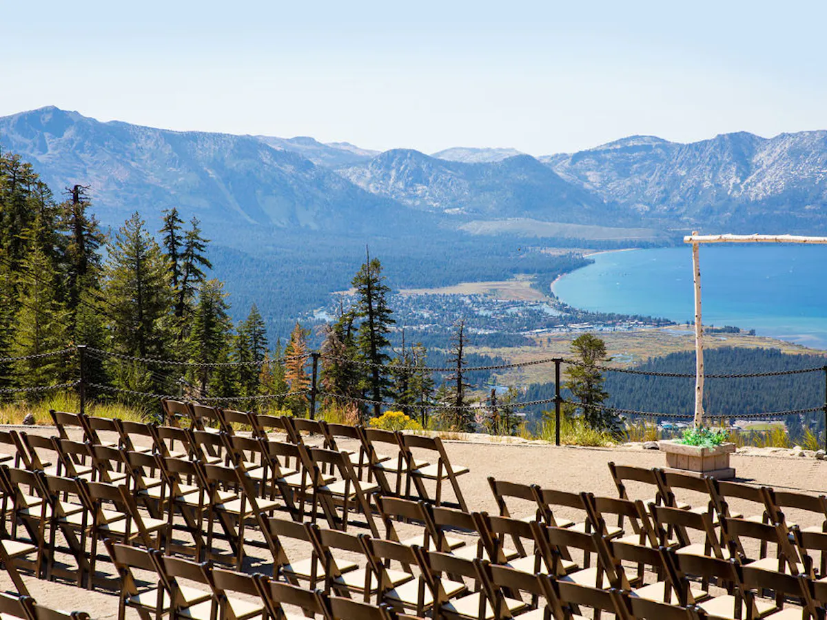 staging for a wedding ceremony set up in south lake tahoe with beautiful mountain views